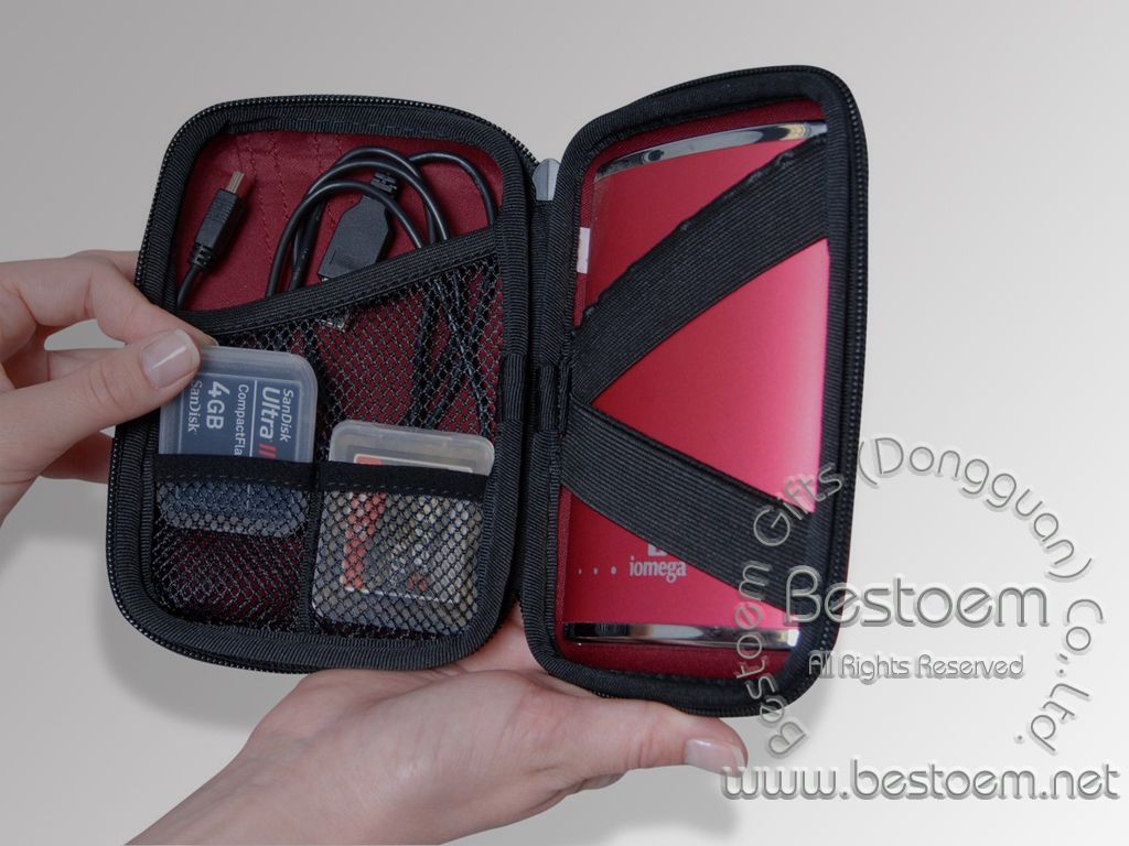 hard drive protective case  inside view with individual mesh pocket for cable and SD cards