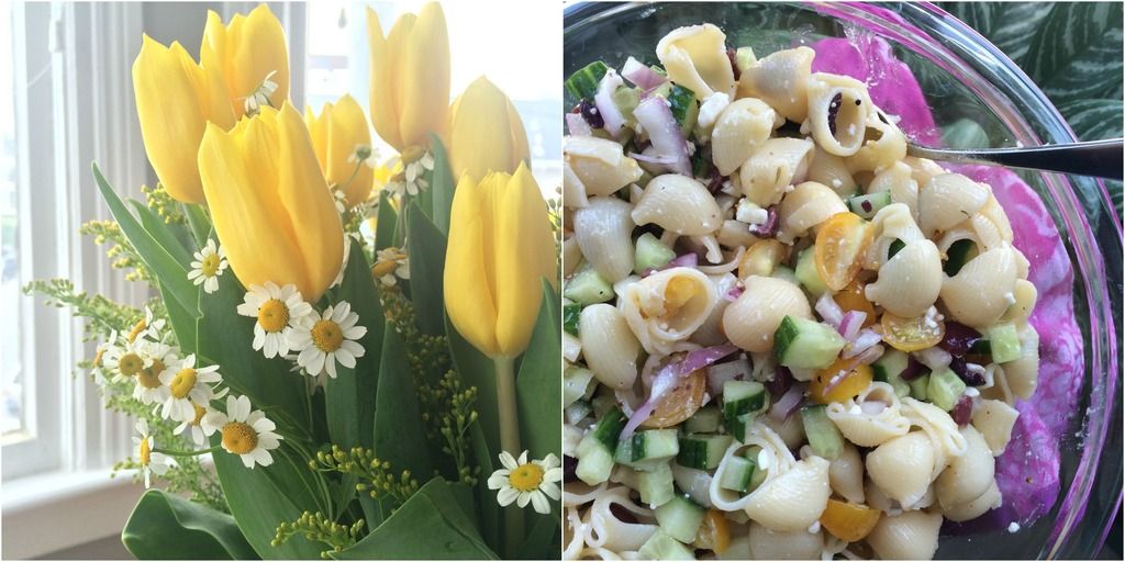 pasta salad and yellow flowers