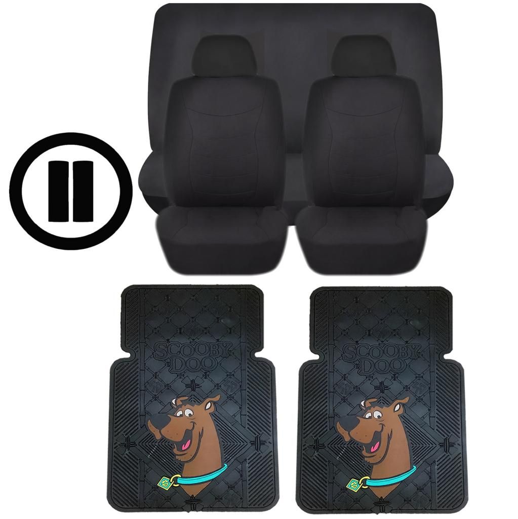 11PC SCOOBY DOO RUBBER FLOOR MATS ALL BLACK SEAT COVERS STEERING COVER