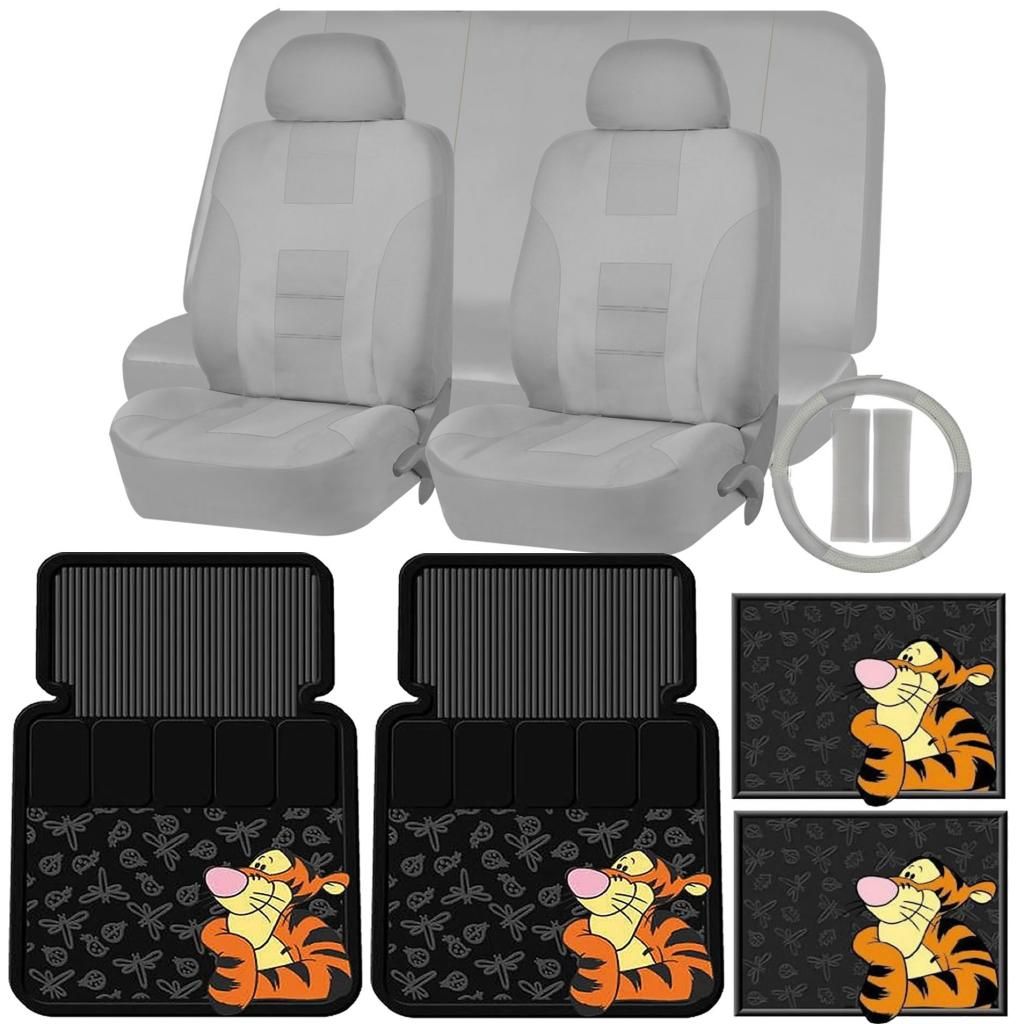 13PC TIGGER RUBBER FLOOR MATS ALL GRAY SEAT COVERS STEERING COVER